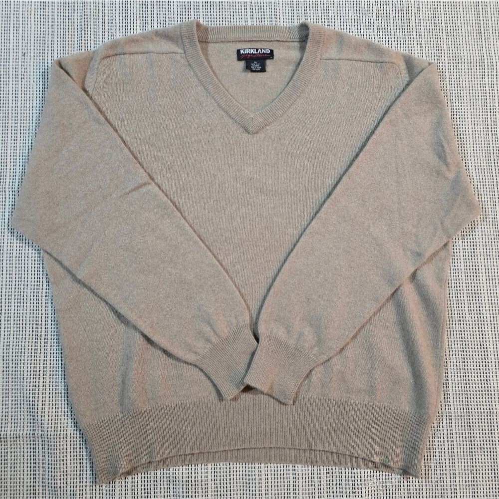 Kirkland Signature Men's V-Neck 2-ply Cashmere Beige Sweater XL Preppy Cozy